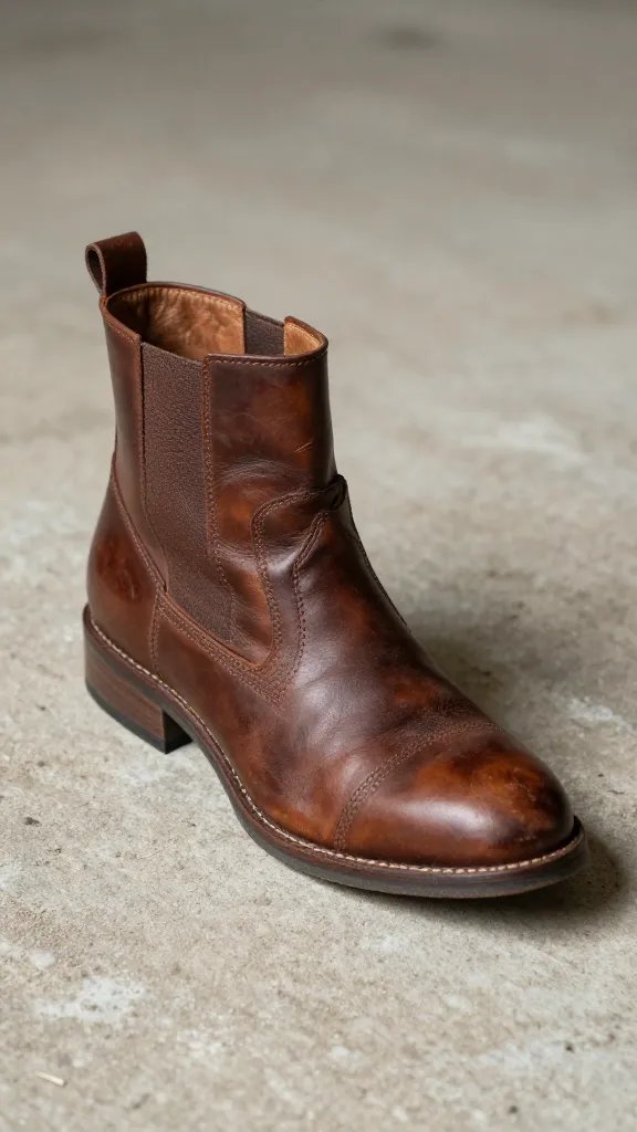 scuffed brown leather ankle boot on dusty concrete