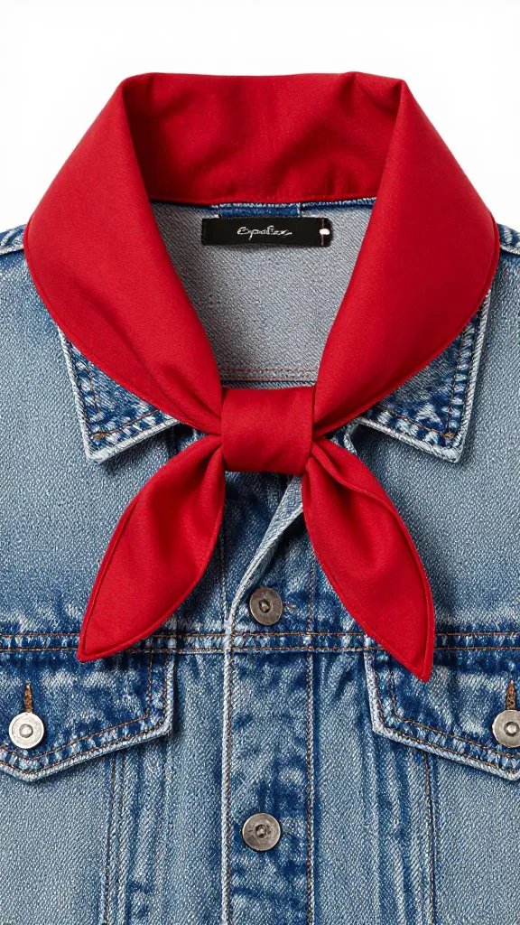 red bandana knotted at neck against faded denim