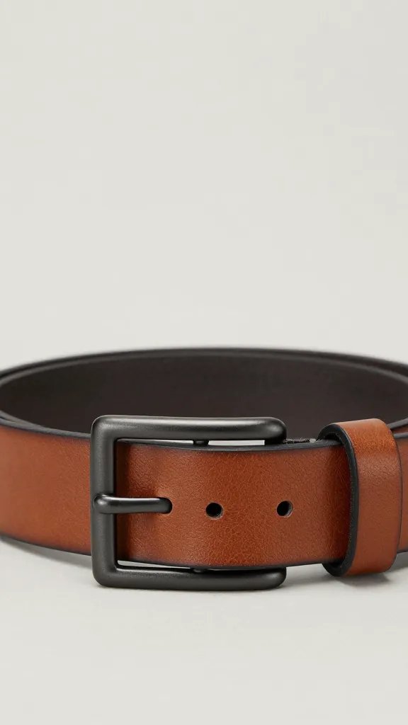 matte black belt buckle on cognac leather belt
