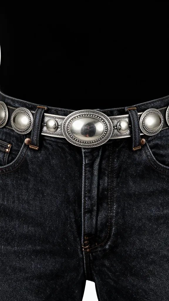 single silver concho belt detail on dark jeans