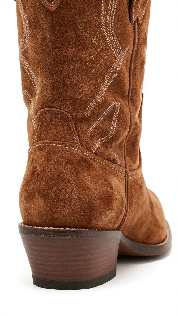 suede cowboy boot heel closeup with trail dust