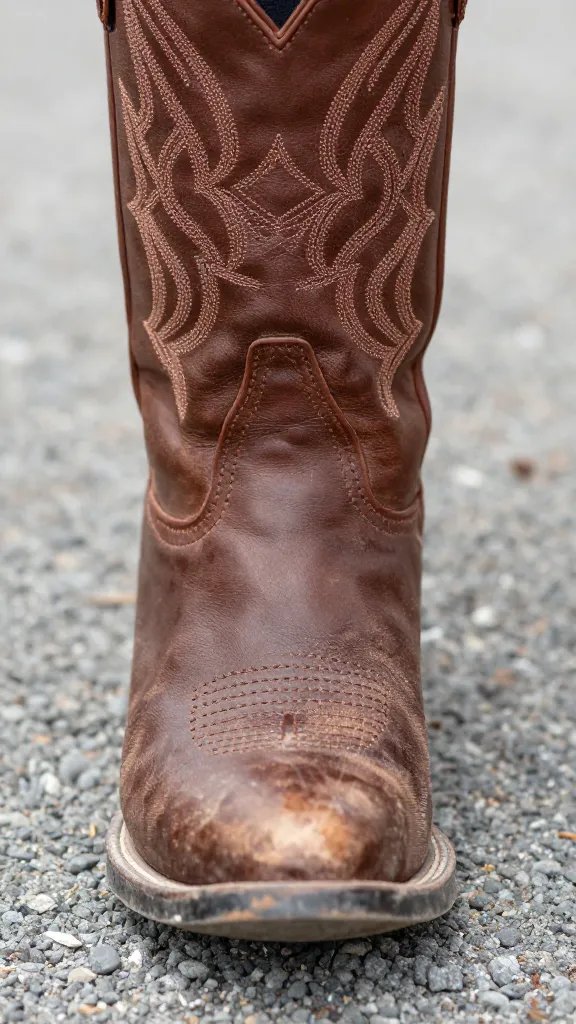 closeup of scuffed brown cowboy boot on gravel