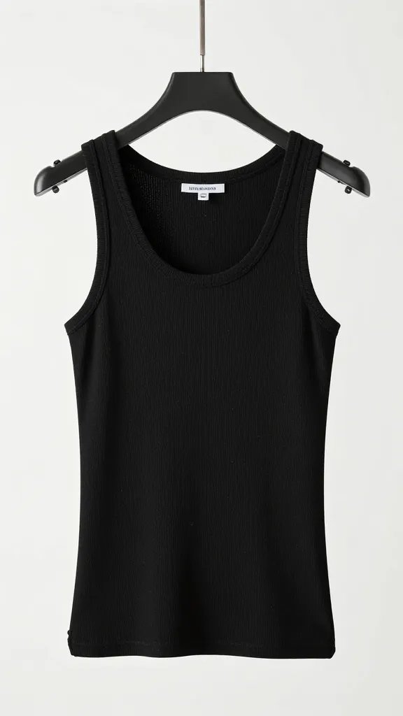 ribbed black tank top on hanger, studio lighting