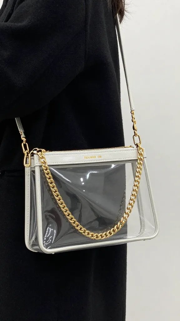 clear crossbody stadium bag with gold chain strap