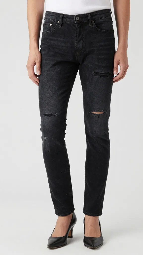 distressed black skinny jeans waistband and button detail