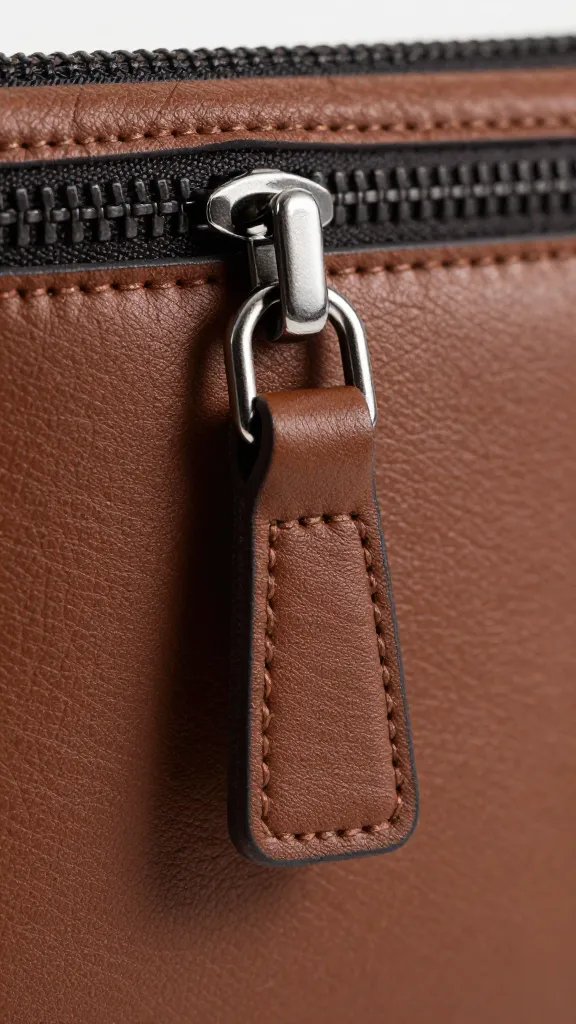 compact leather belt bag zipper pull macro