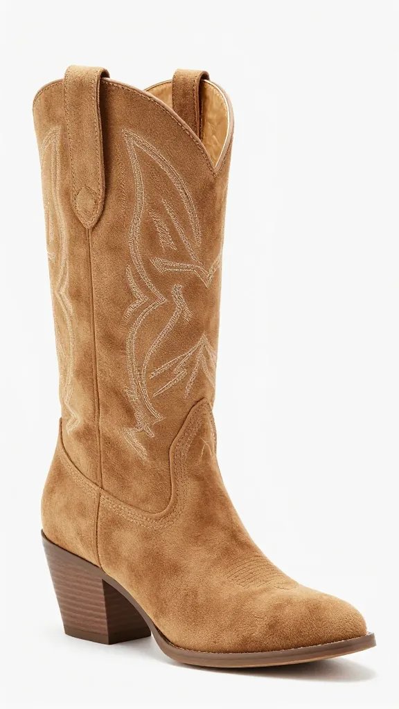 single tan suede western ankle boot with stacked heel, side view