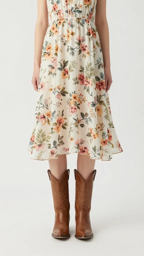 floaty floral midi dress hem swishing over cowboy boot toe