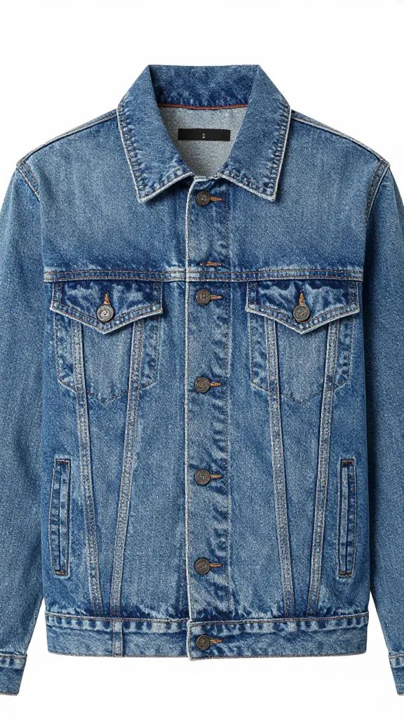 structured denim jacket collar and chest pocket, crisp front light