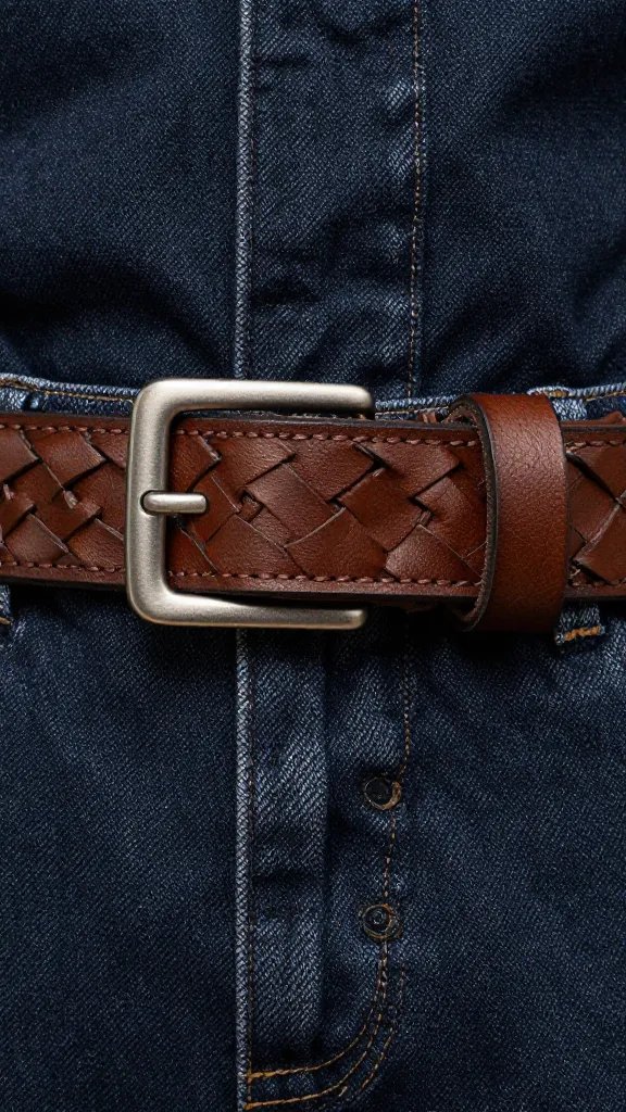 braided leather belt buckle on dark wash denim, macro shot