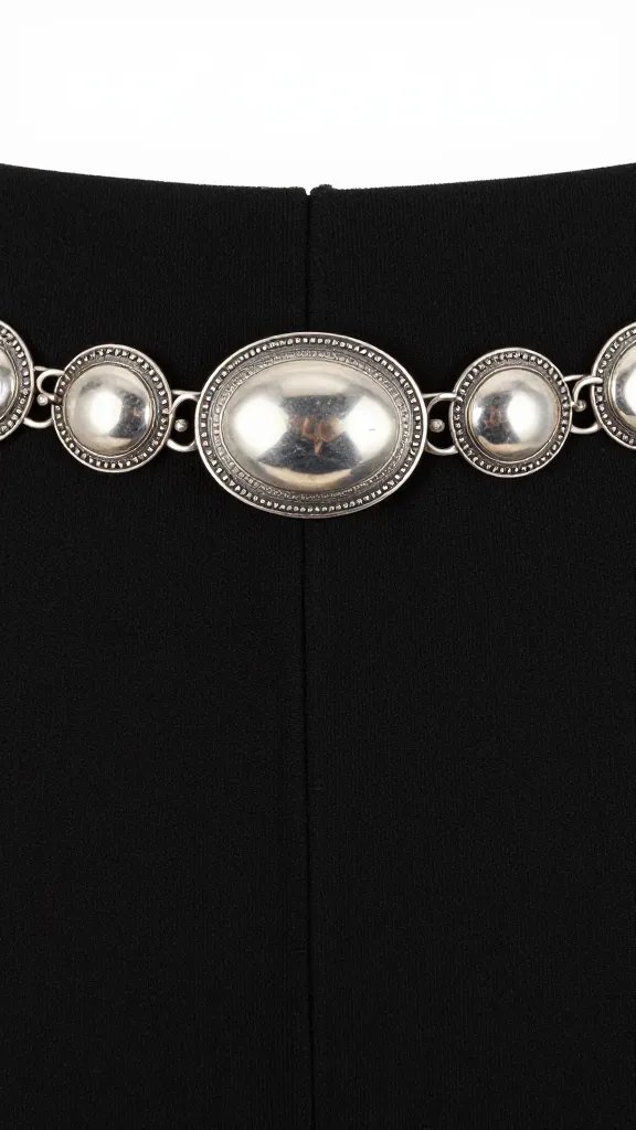silver concho belt detail on black jersey skirt, studio closeup