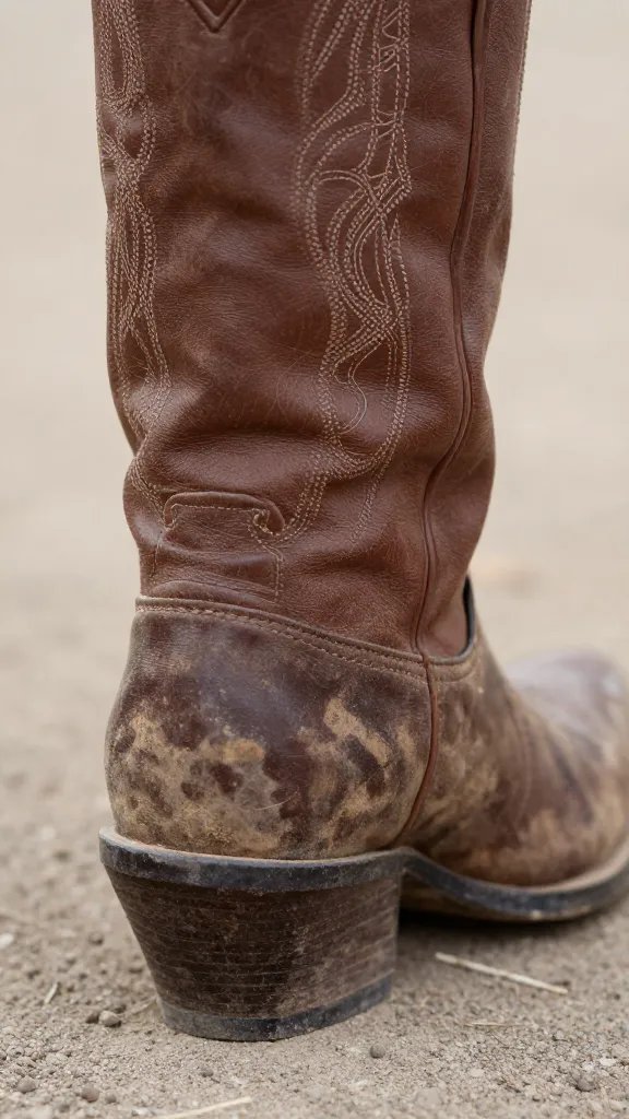 closeup of worn cowboy boot heel on dusty ground