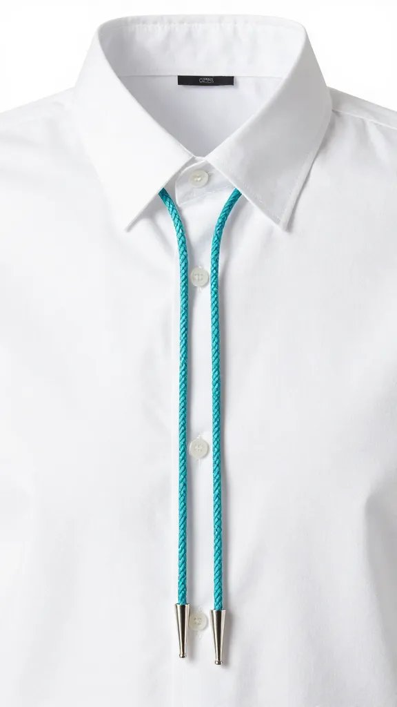 single turquoise bolo tie on white button-down collar