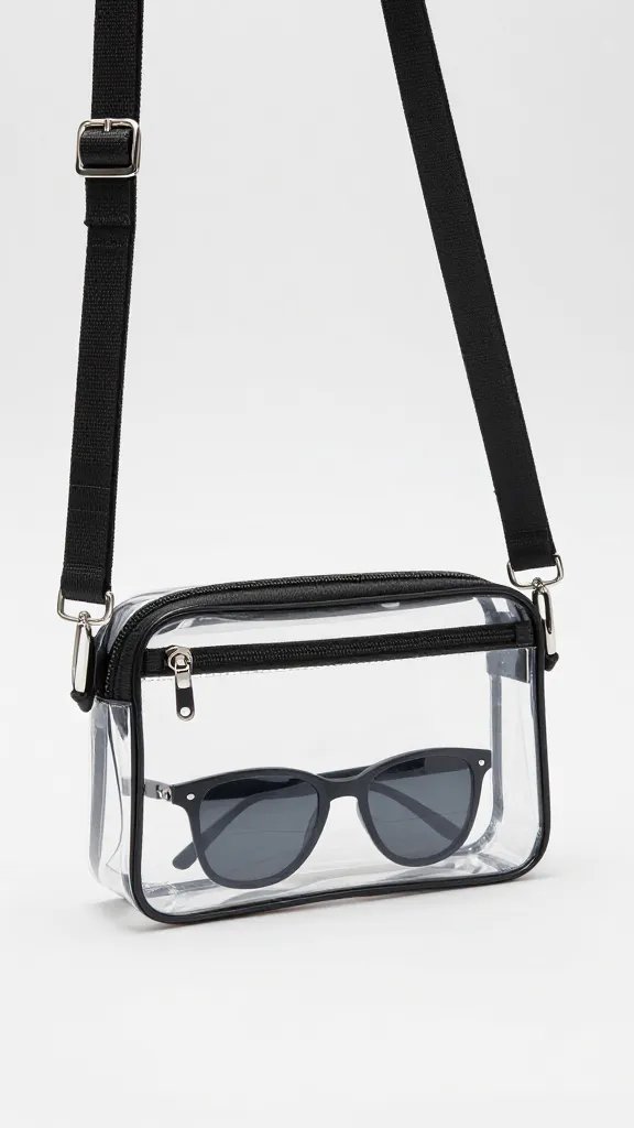 clear stadium-approved crossbody bag with sunglasses