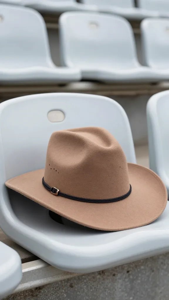 modern felt rancher hat on stadium seat