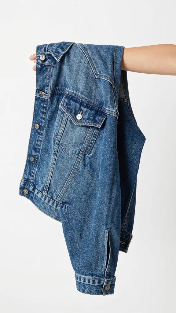 lightweight denim jacket draped over forearm