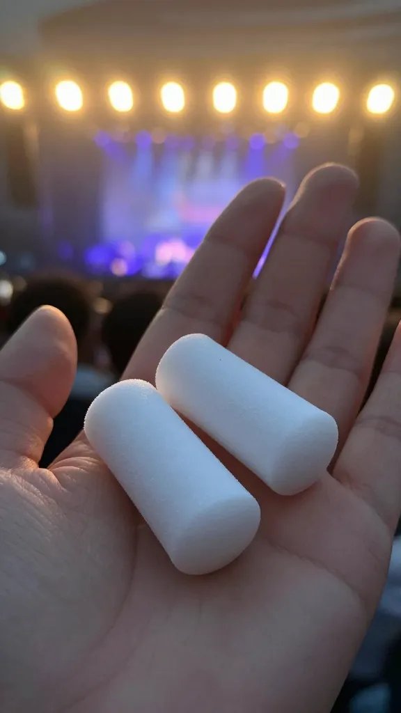 closeup of foam earplugs in palm, concert lighting