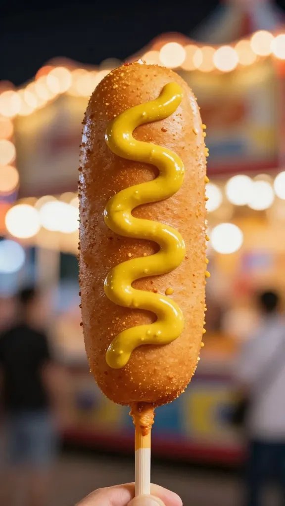 single corn dog with mustard, blurred carnival lights