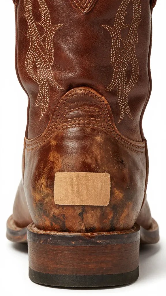 worn cowboy boot heel with heel blister bandage, macro