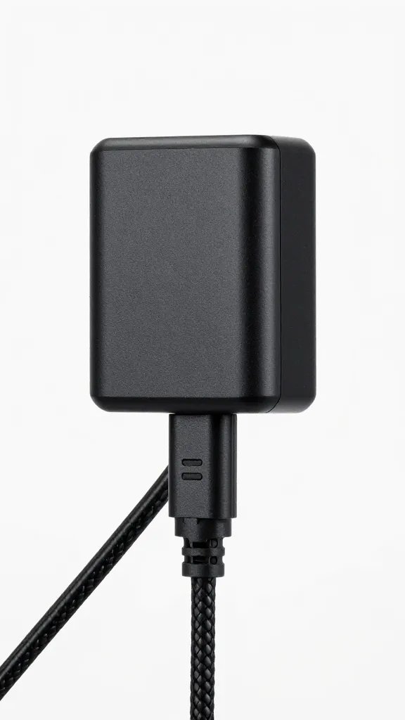 black portable phone charger with braided cable, macro
