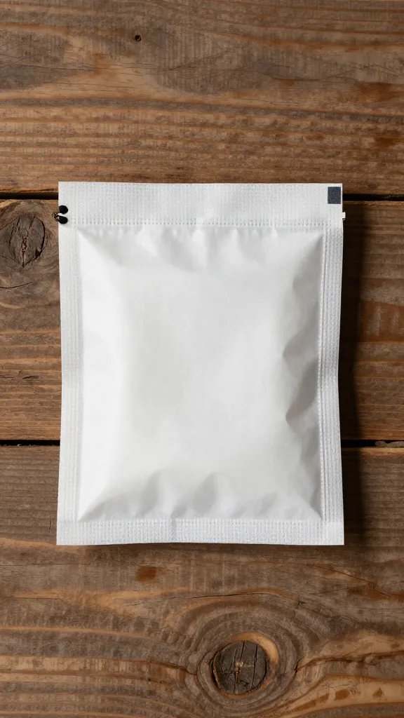 single disposable poncho packet on rustic wood, studio lighting