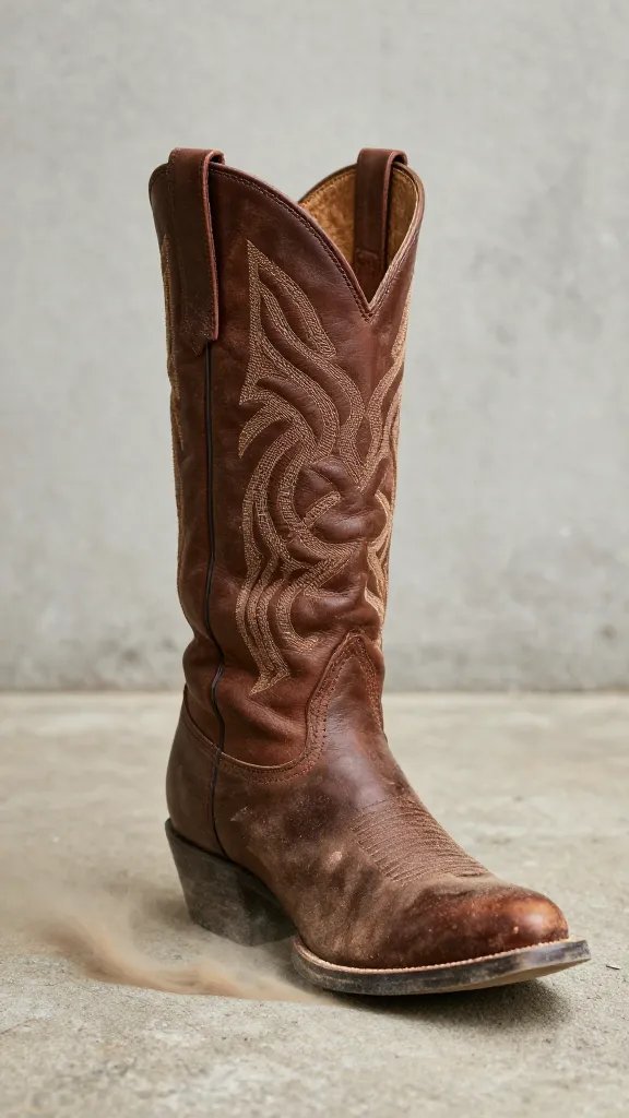 scuffed brown cowboy boot on concrete, dust swirling