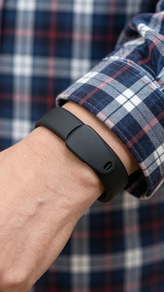 closeup of wristband clipped to plaid shirt cuff