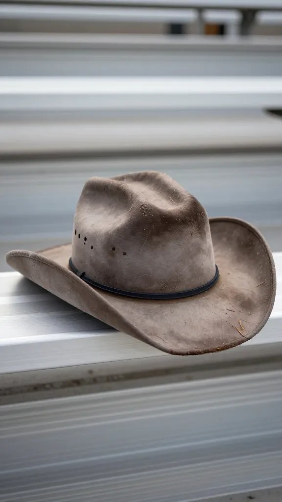 battered felt cowboy hat resting on metal bleacher