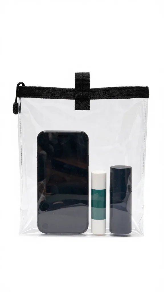clear stadium-approved bag with phone and lip balm