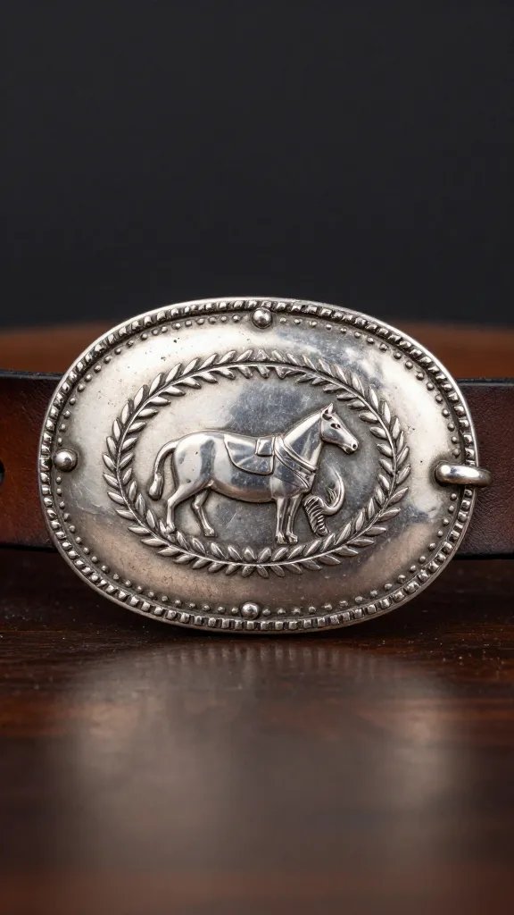 silver rodeo belt buckle on worn leather belt
