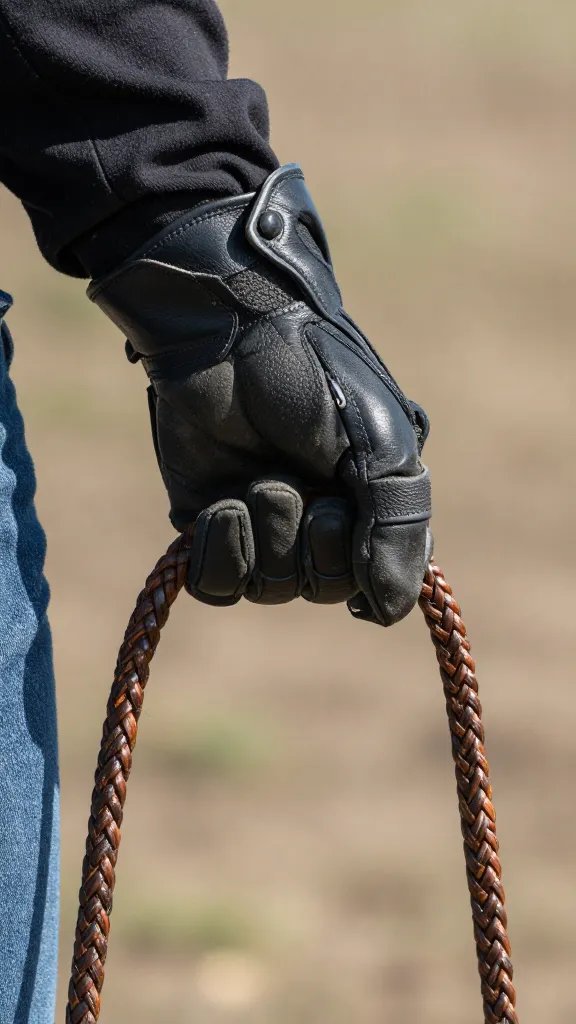 closeup of bronc riding glove gripping braided rein