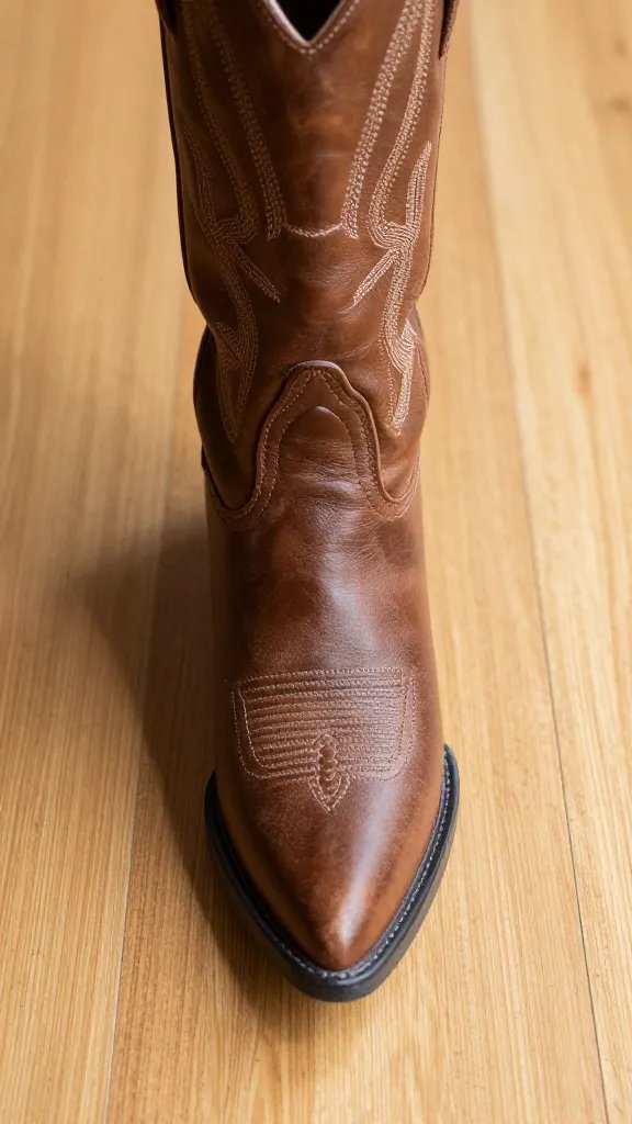 pointed-toe cowgirl boot tip on hardwood floor