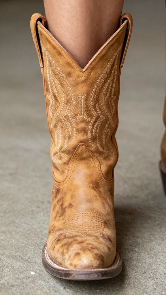 closeup of scuffed tan cowboy boot on concrete