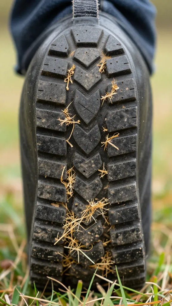 boot heel tread with dried grass stuck