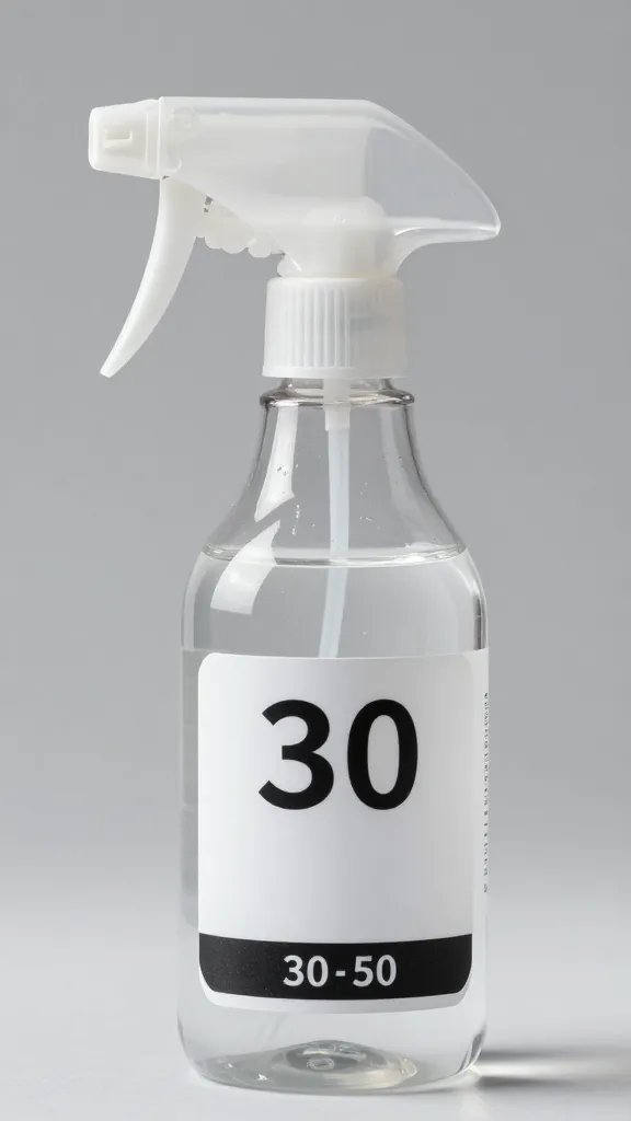 spray bottle labeled 50/50 alcohol-water, trigger closeup