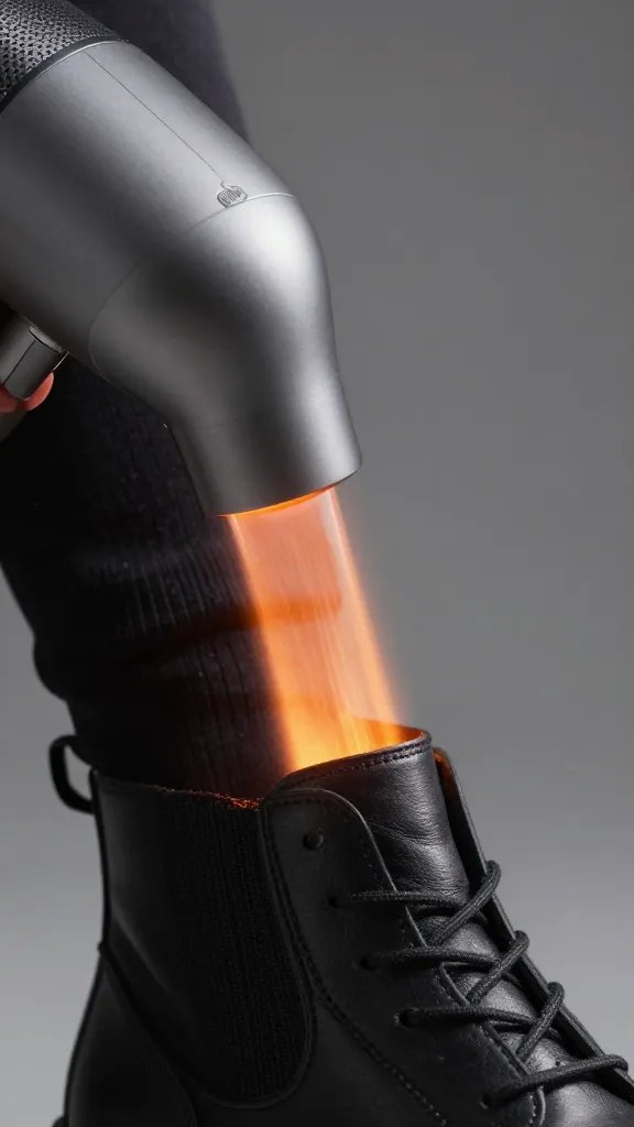 heated hairdryer nozzle aimed at boot instep closeup