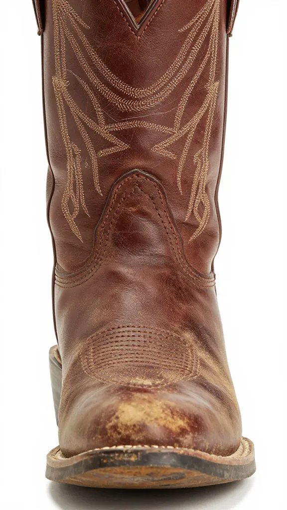 closeup of worn brown cowboy boot toe, dusted leather