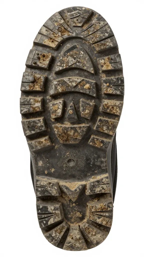 boot sole tread closeup, drying mud brushed off