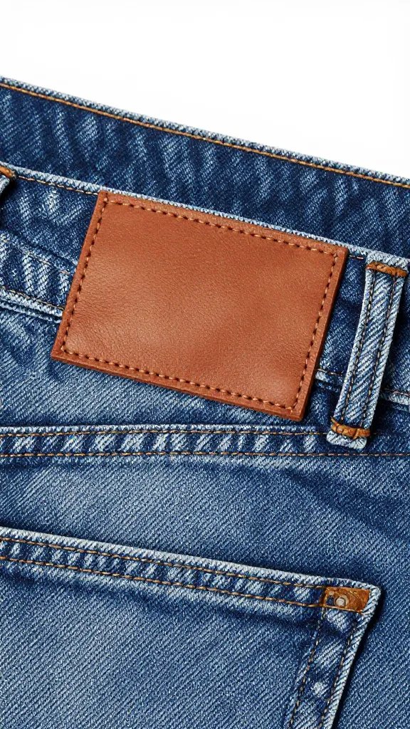 distressed selvedge denim waistband, leather patch detail, macro