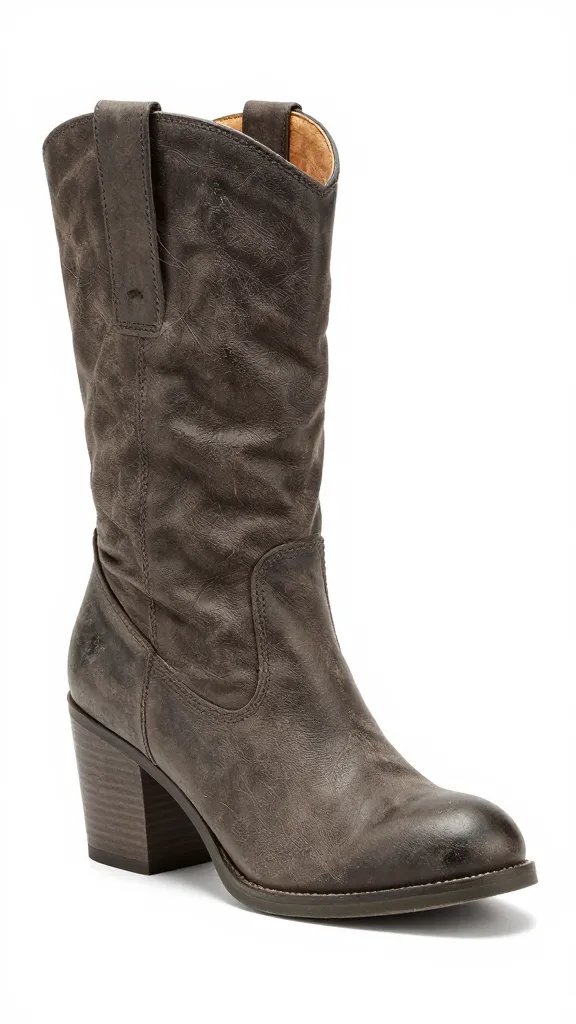 scuffed roper boot toe, stacked heel, studio lighting