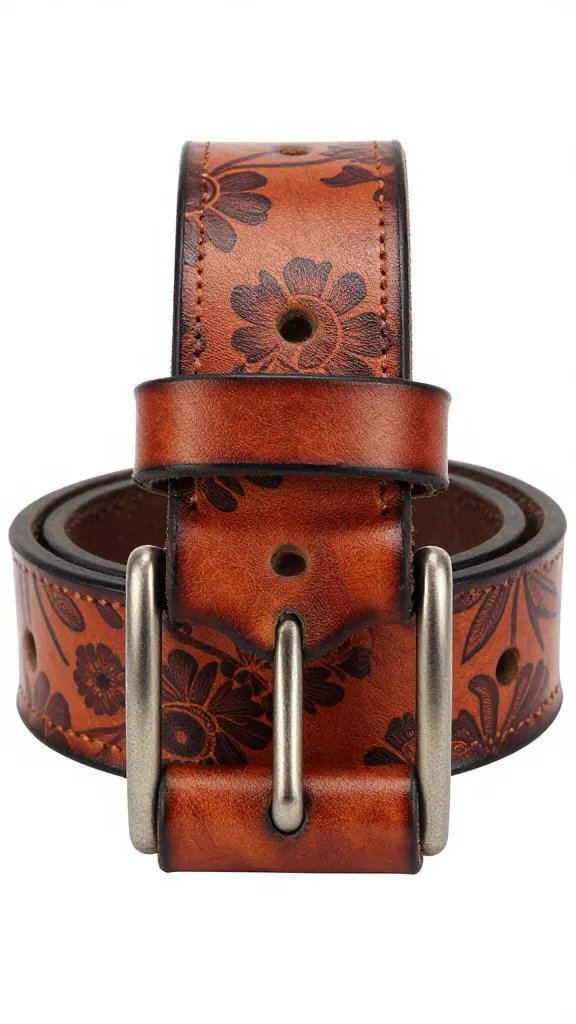 tooled leather belt buckle, floral pattern, isolated