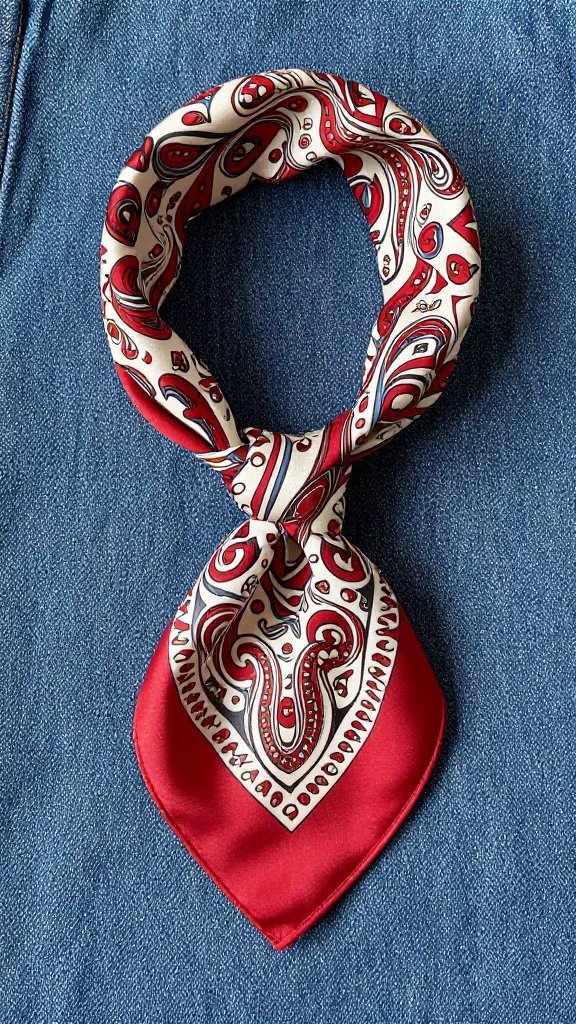 silk western neckerchief knot, paisley, against denim