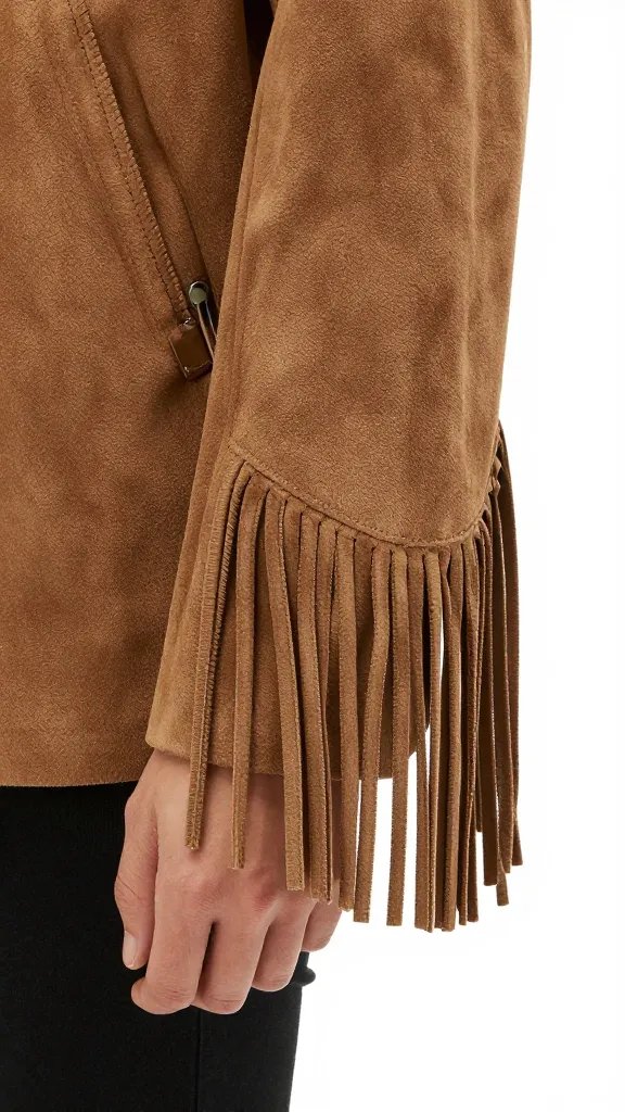 suede fringe jacket cuff, fringe movement, closeup