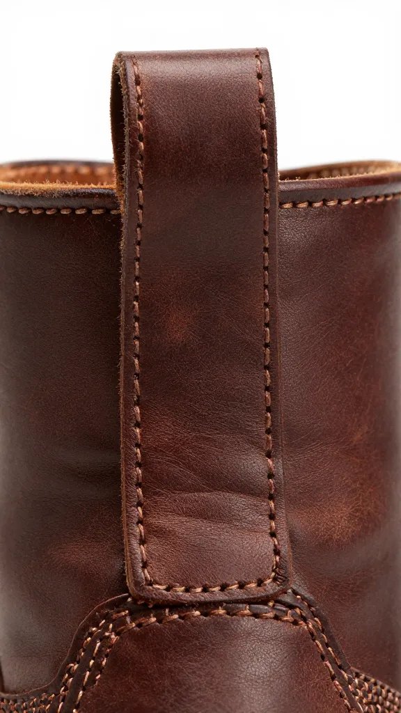 leather boot pull strap, embossed maker’s mark, macro