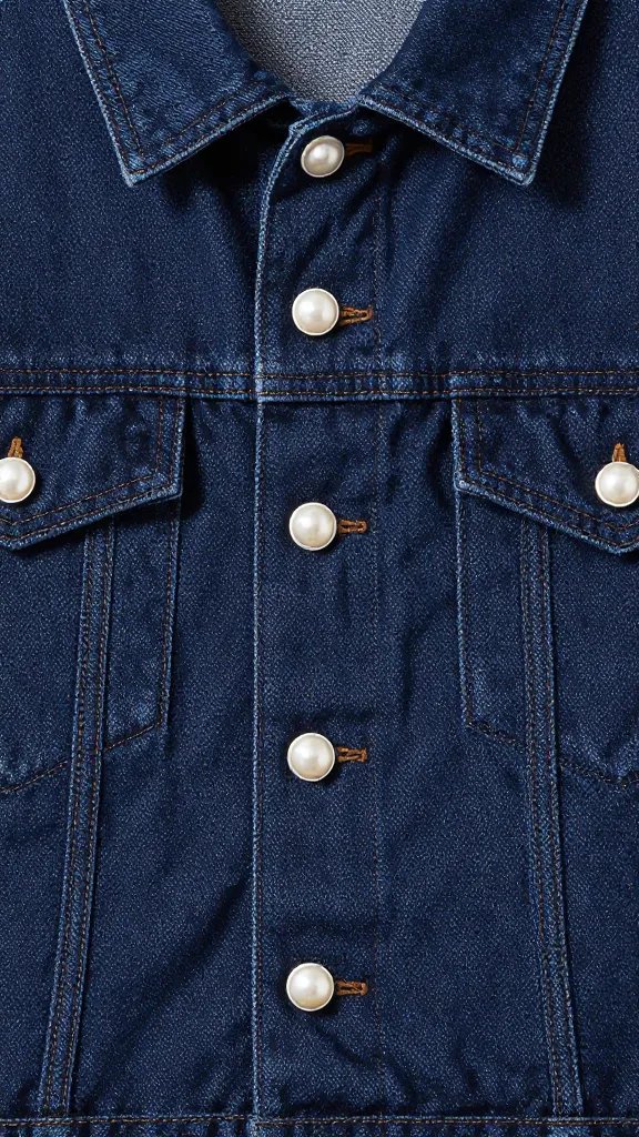 closeup of dark indigo denim jacket, pearl snap buttons