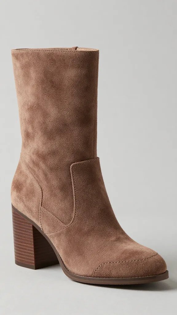suede ankle boot, stacked heel, stitched toe cap