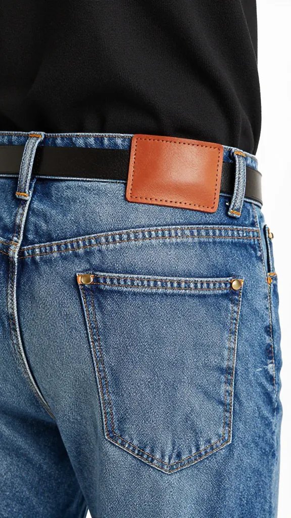 raw denim jeans waistband, leather patch and rivets