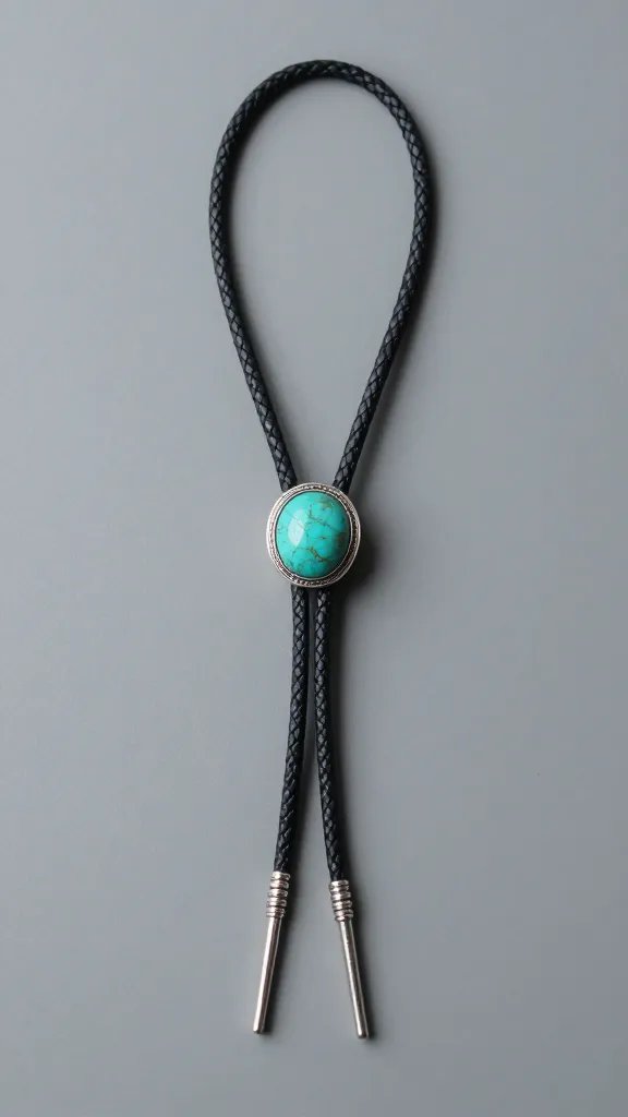 silver bolo tie, black braided cord, turquoise slide