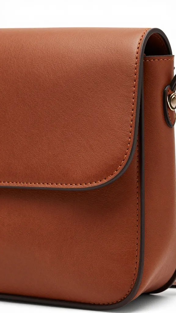 brown leather crossbody saddle bag, flap stitching closeup