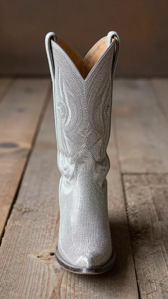 single rhinestone cowboy boot on dusty floorboards